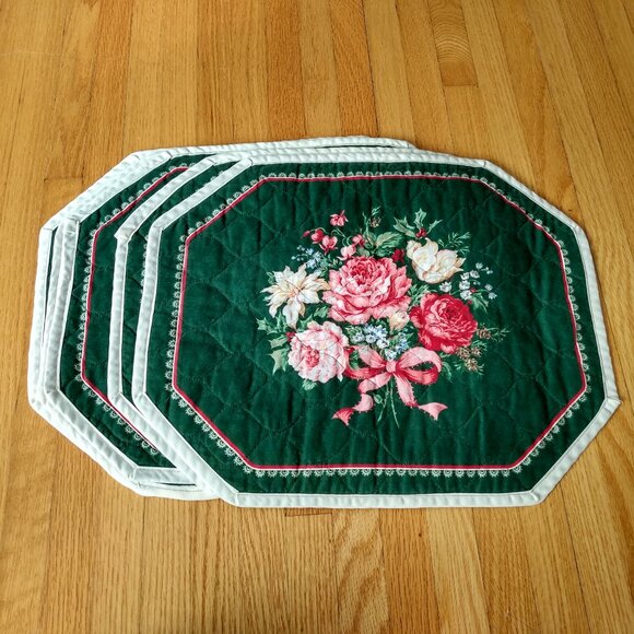 Vintage Quilted Placemats Pink Rose Green Set of 5 Handmade Dining Place Mats - Picture 1 of 16